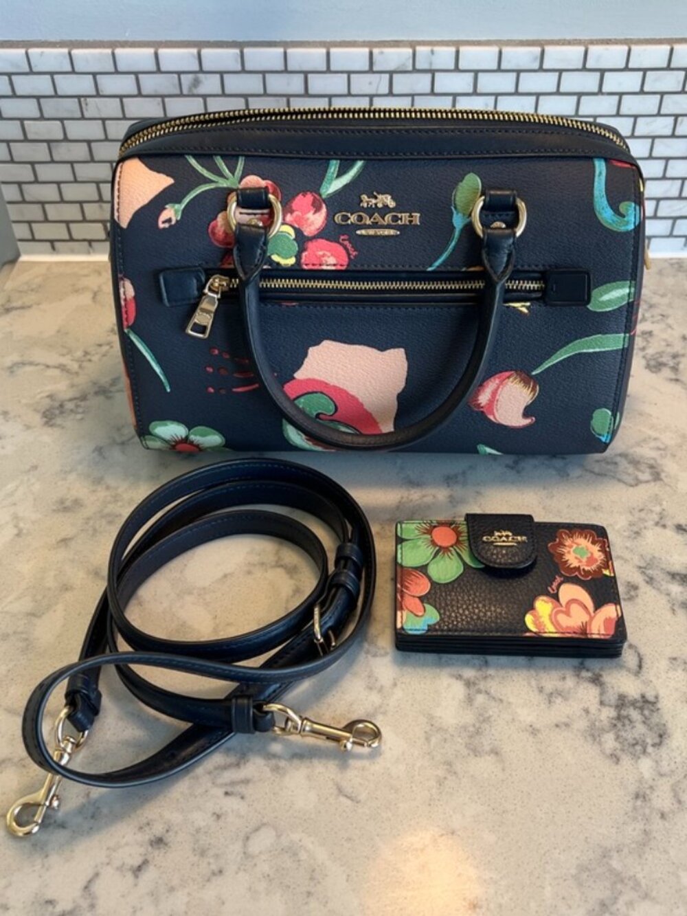 Coach Rowan Satchel with Floral Print + Matching Card Wallet